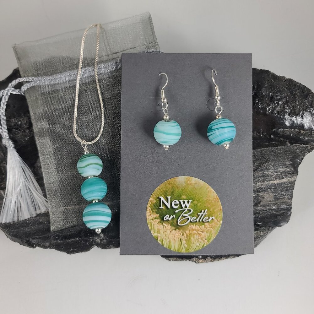 Ocean Ripple Glass and Silver Beads on Sterling Silver. Necklace - Earrings Set